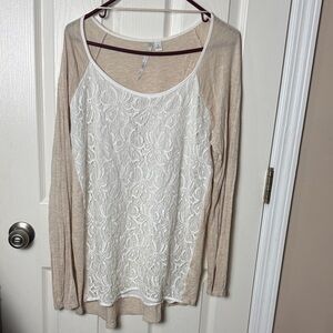 LC Lauren Conrad Beige and White Lace Long Sleeve Top